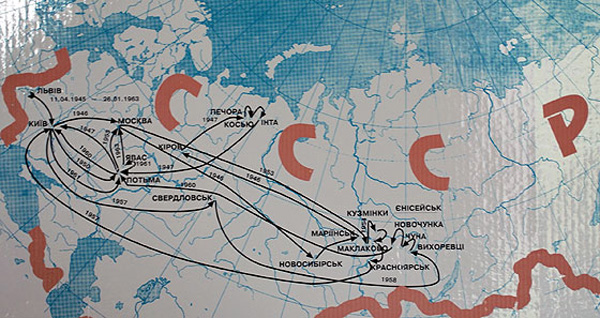 Карта-схема преміщень Йосифа Сліпого під час ув'язнення в СРСР