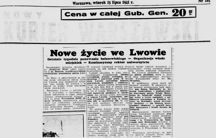 Інформація про ситуацію у Львові у першій половині 1941 року, опублікована у польськомовній газеті „Nowy Kurjer Warszawski” 15 липня 1941 року