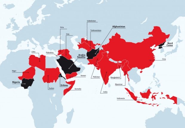 Карта, яка показує найбільш небезпечні країни для послідовників християнства. Чорний колір вказує на найвищий рівень небезпеки