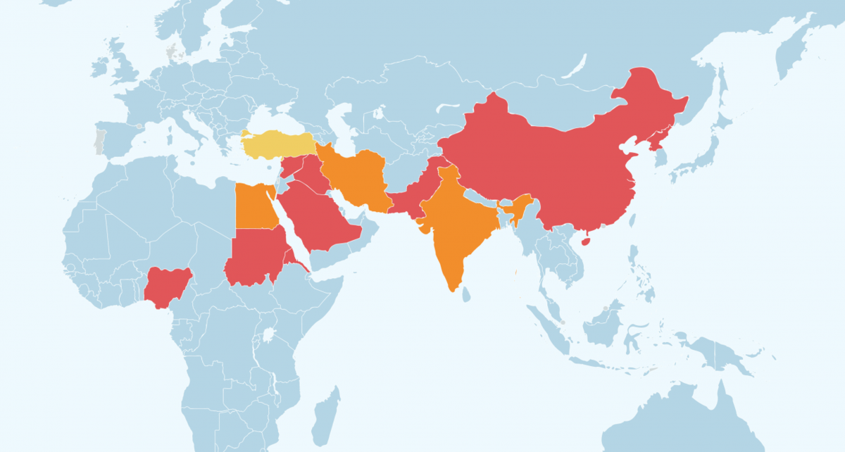 Карта переслідувань християн по усьому світі. Джерело: "Допомога Церкві у потребі"