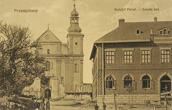Католицький костел і школа в Перемишлянах. Листівка ХХ століття