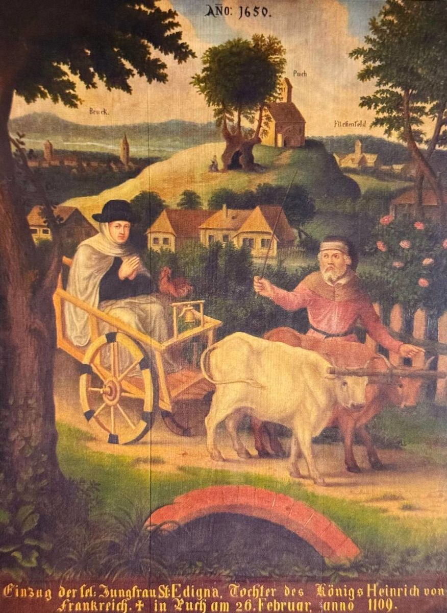 “Прибуття Блаженної Едігни, дочки короля Франції Генріха І, померлої у Пуху 26 лютого 1109 року”, робота 19-го століття, церква Святого Себастьяна, Пух.